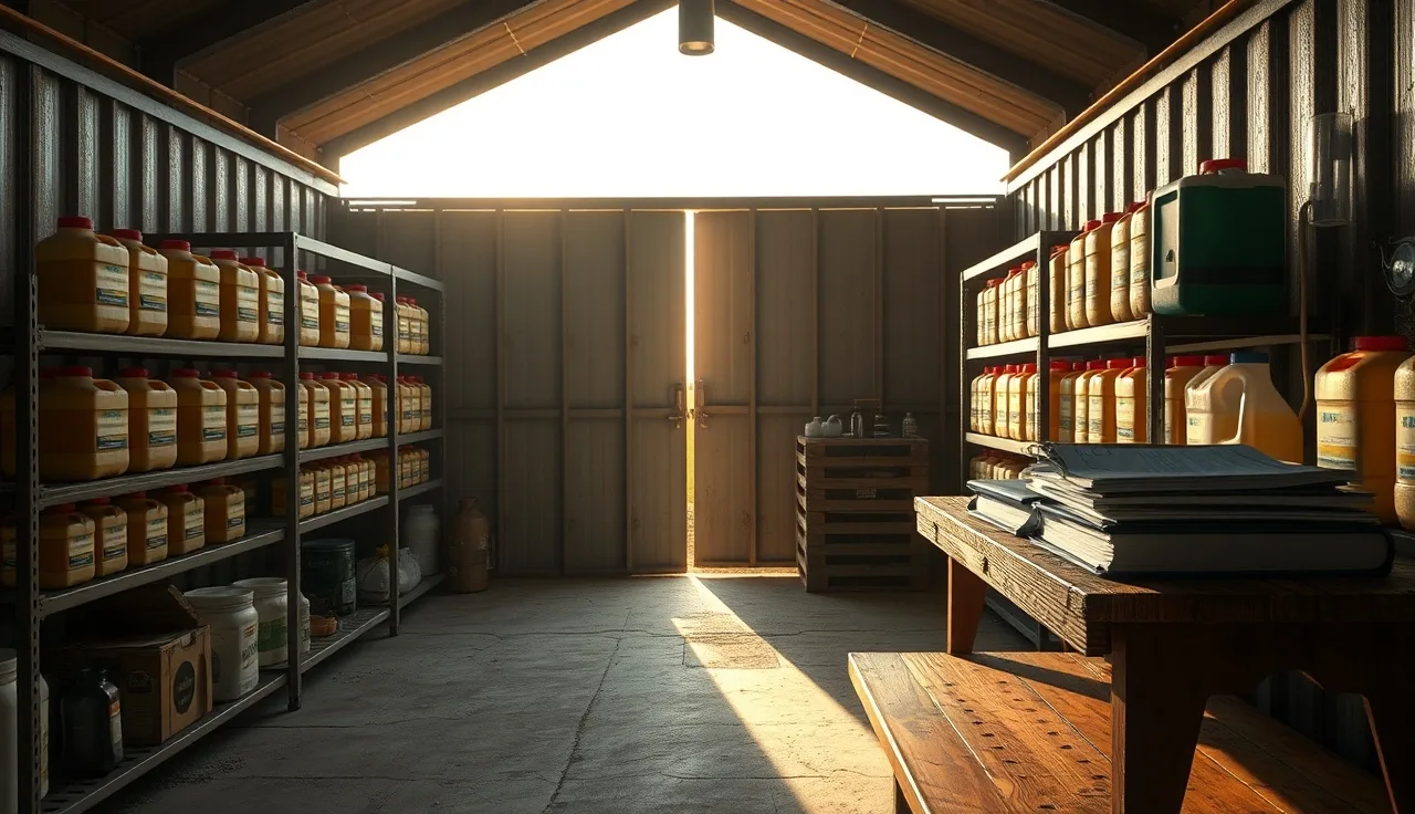 Vineyard spray shed interior with chemical containers and a compliance binder on a workbench