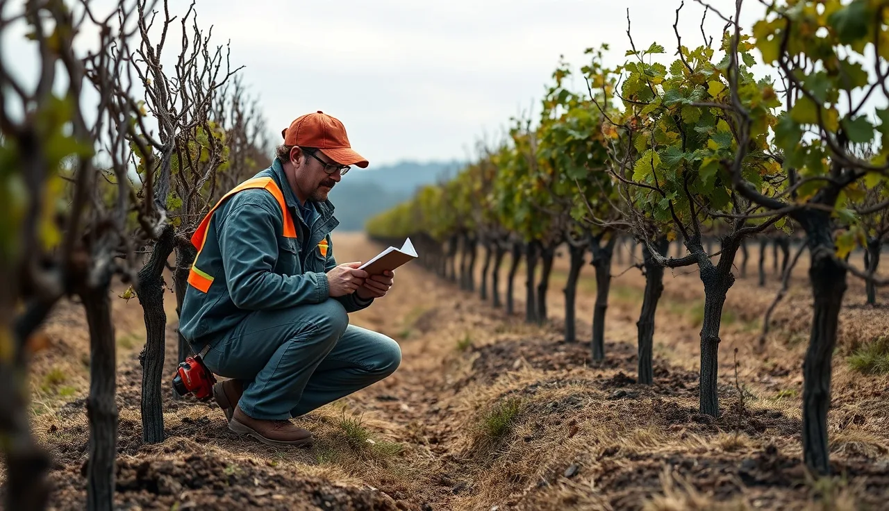 Vineyard manager reviewing safety clipboard near dormant grapevine rows in winter
