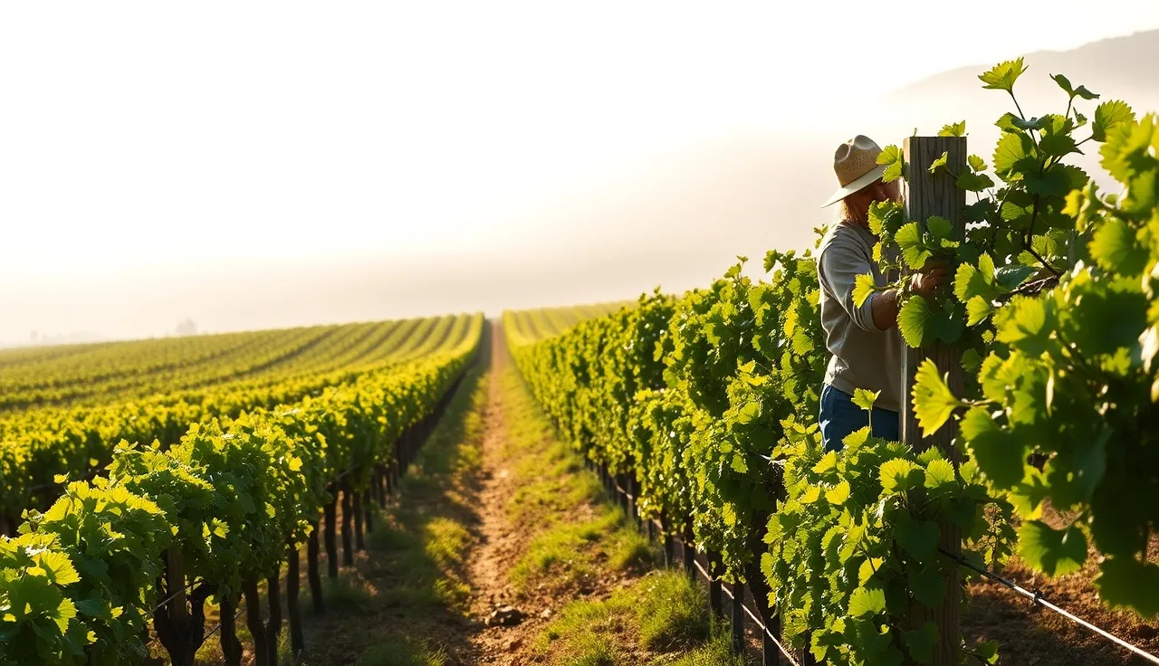 Vineyard manager pruning grapevines at sunrise in a trellised wine grape block