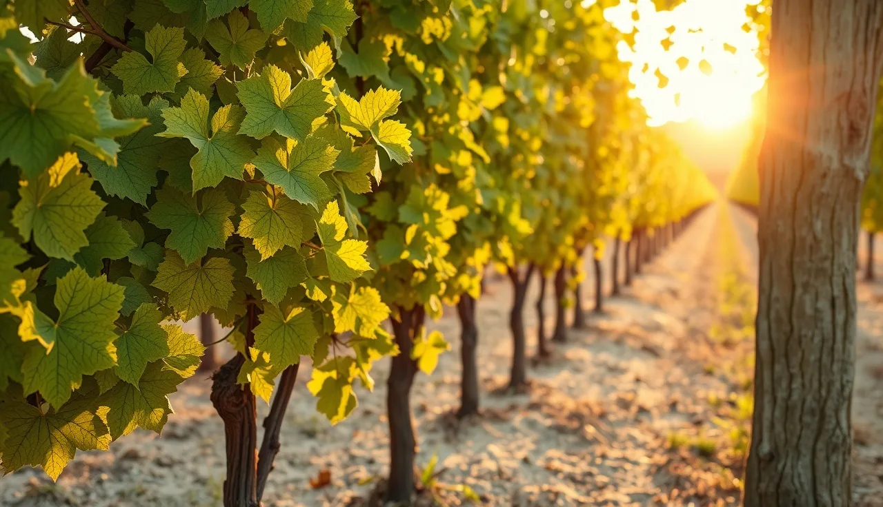 Grapevine leaves showing iron chlorosis interveinal yellowing over pale calcareous vineyard soil