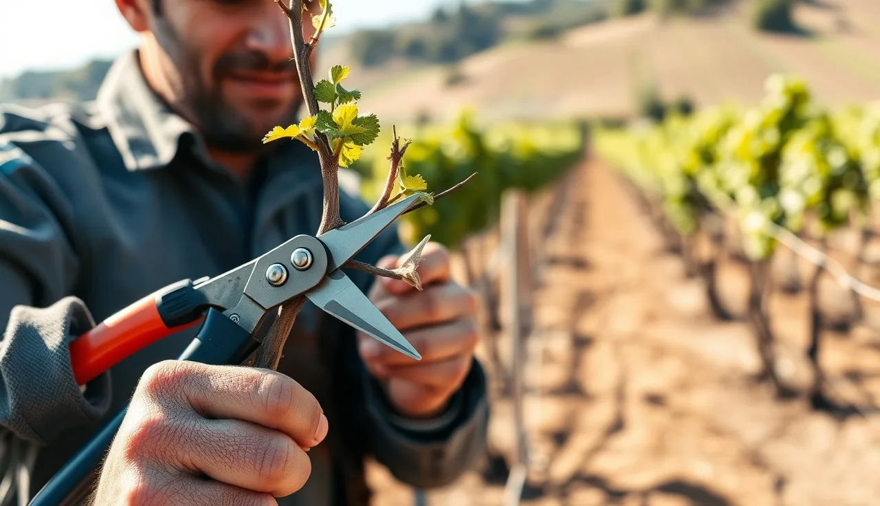 Vineyard worker pruning a young grapevine cordon in a replanted block at dawn