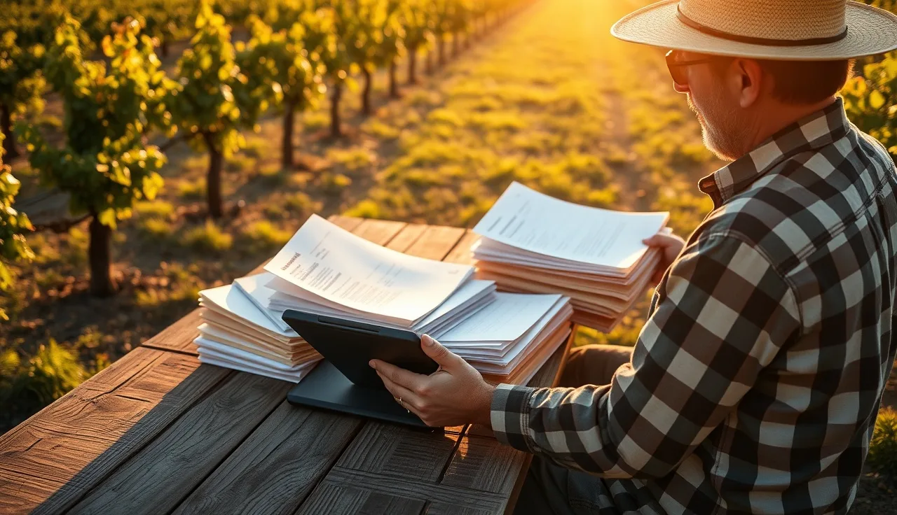 Vineyard manager organizing field paperwork and compliance folders between vine rows at golden hour