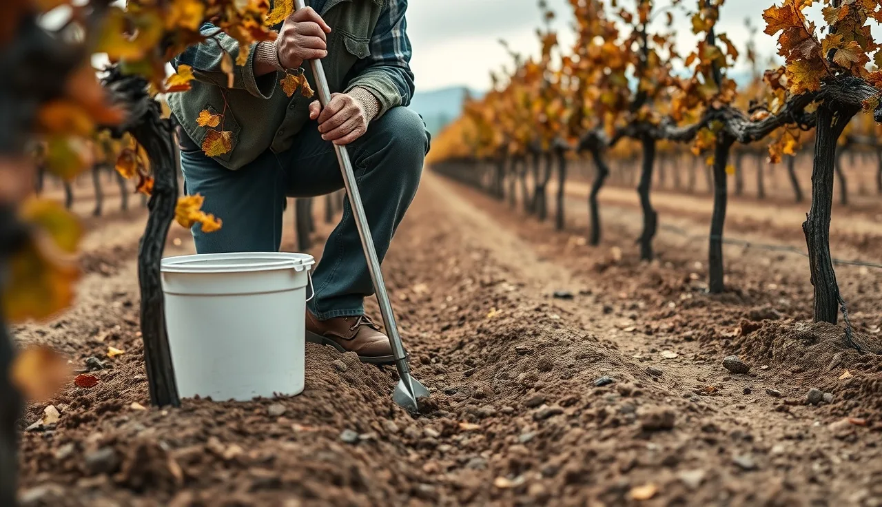 Vineyard worker collecting a soil core sample between grapevine rows in fall
