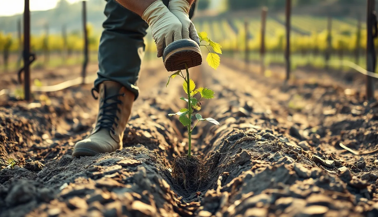 A worker planting a bare-root grapevine in a new vineyard row at sunrise