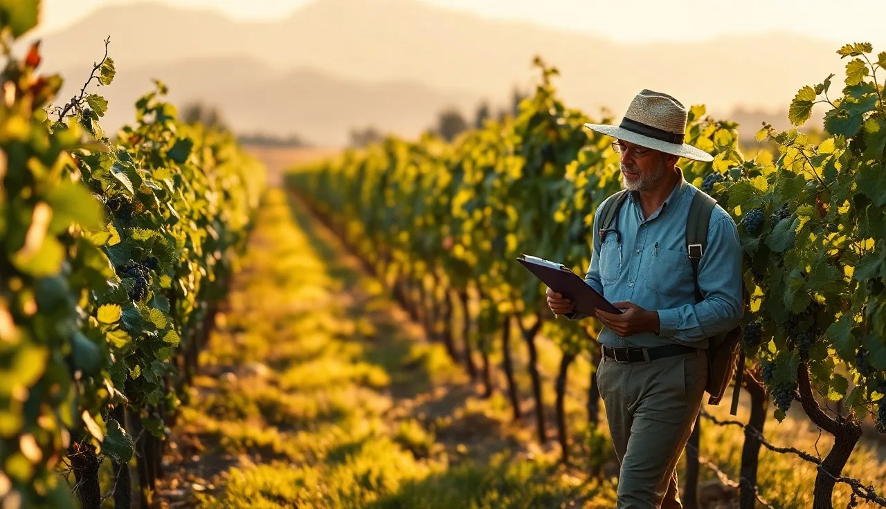 Inspector walking between grapevine rows at sunrise checking vineyard pesticide compliance
