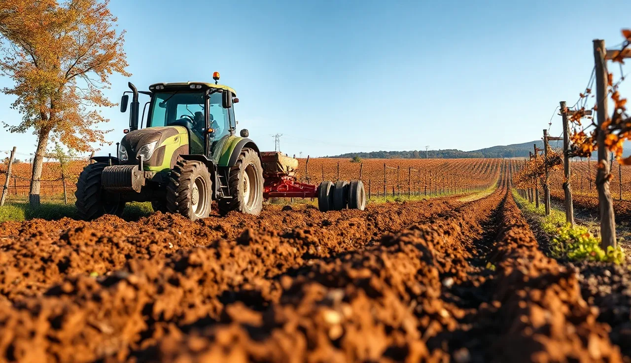 Tractor pulling a deep-rip subsoiler through bare vineyard soil in autumn
