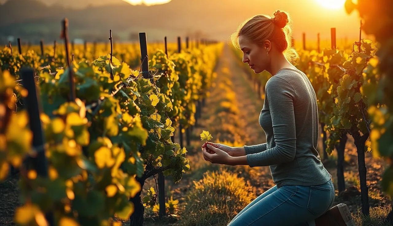 Vineyard manager examining grapevines in field rows at golden hour
