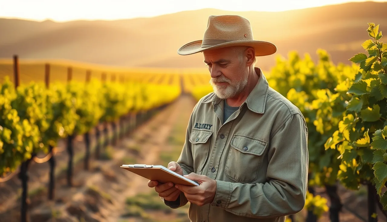 Vineyard manager reviewing spray records and forecast notes at vine row end