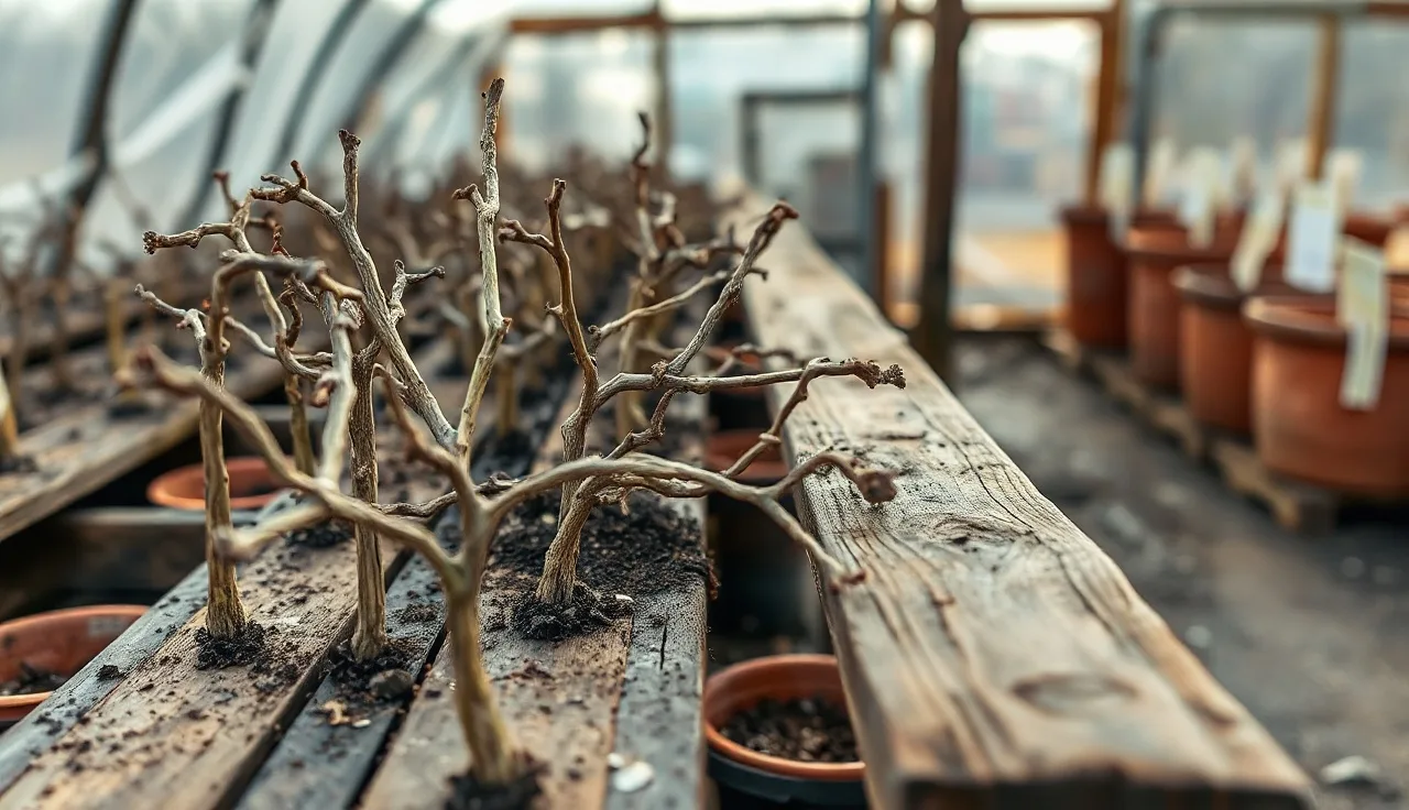 Dormant grape vine cuttings arranged on a propagation bench in a small greenhouse