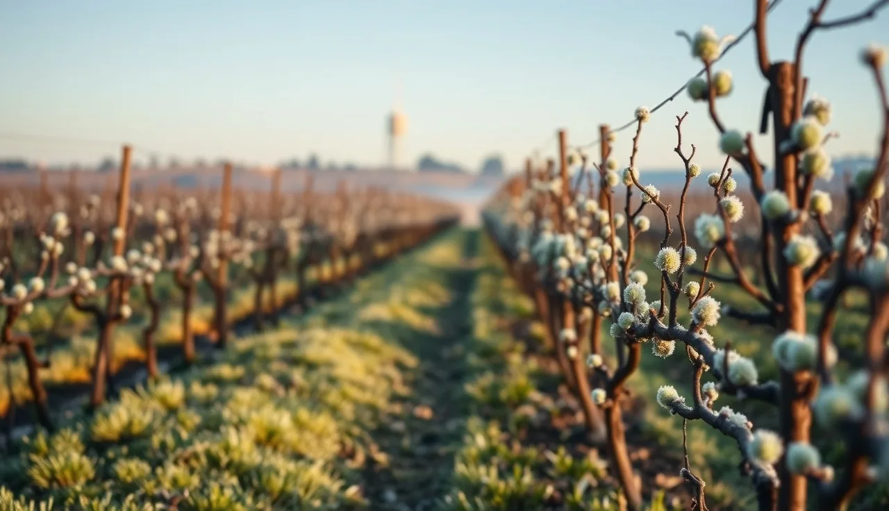 Frost-covered grapevine shoots at dawn with wind machine in background