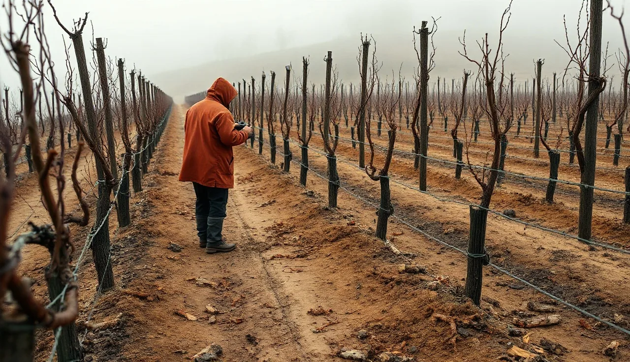 Vineyard worker pruning dormant grape vines on a foggy winter morning