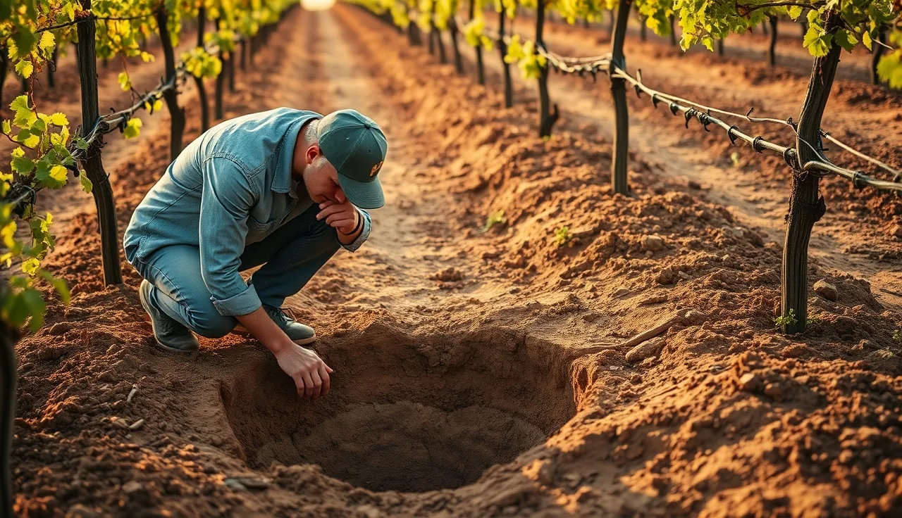 Vineyard manager examining soil profile layers in a pit between vine rows