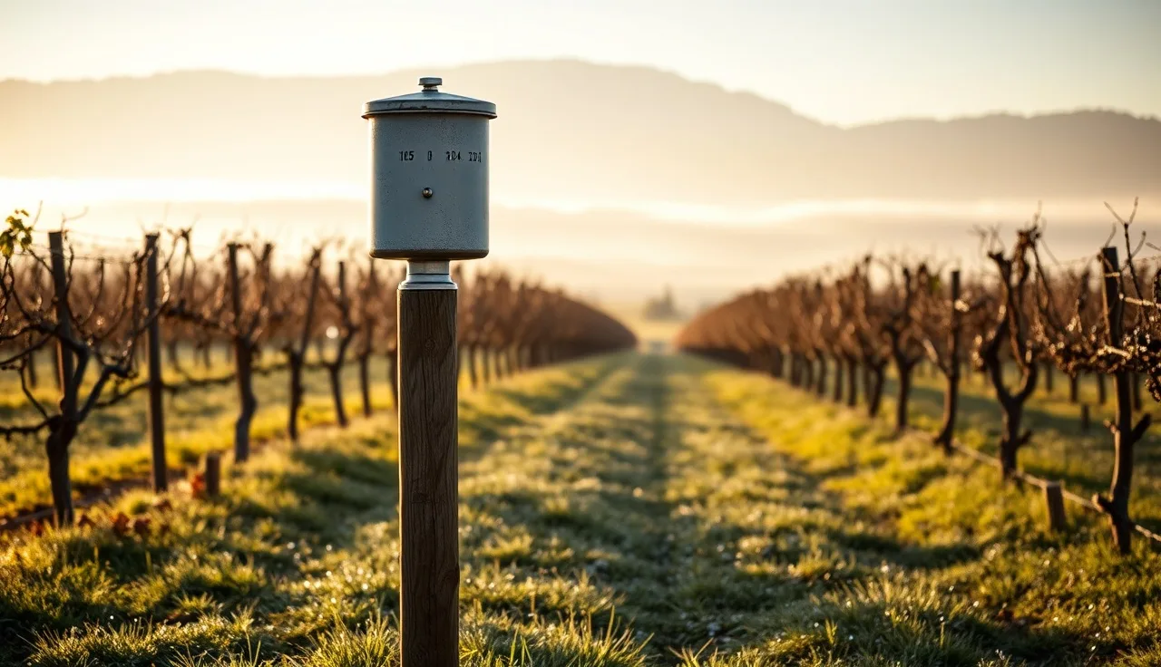 Rain gauge on a wooden post in a vineyard at dawn with vine rows behind