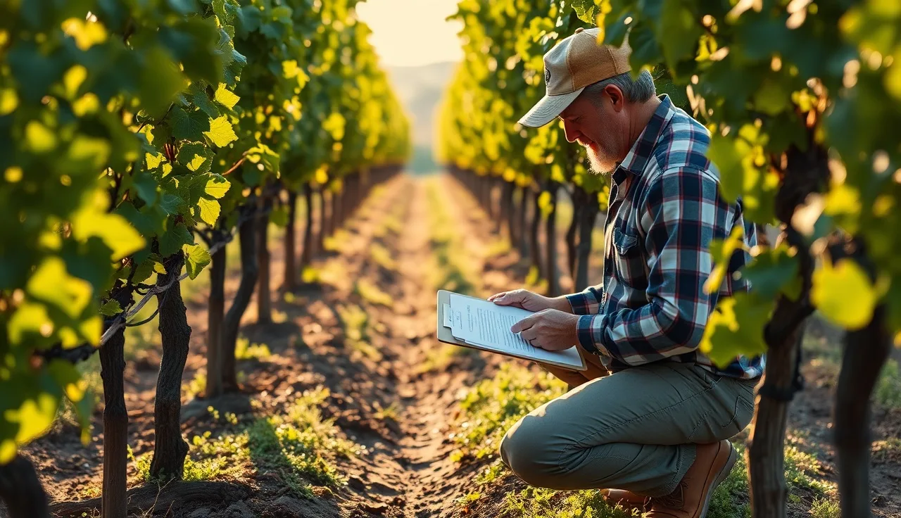 Vineyard manager reviewing spray records on a clipboard in a grape row
