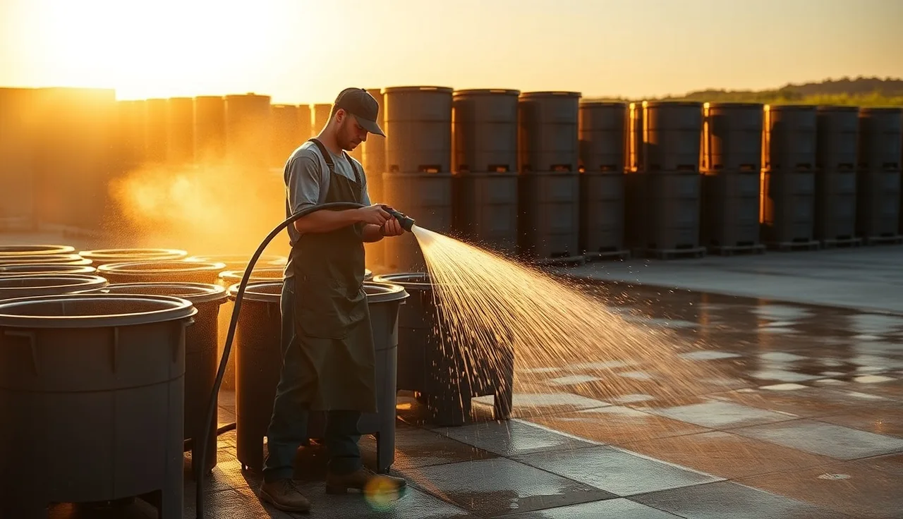 Worker cleaning harvest bins with high-pressure water at a winery crush pad at dawn