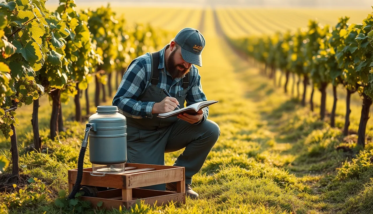 Vineyard worker recording compost tea application details in a field notebook at dawn