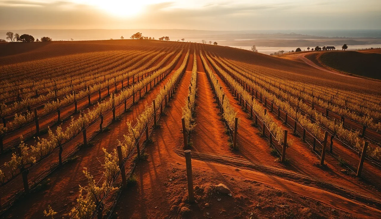 Aerial view of hillside vineyard rows with a survey stake marking a property boundary