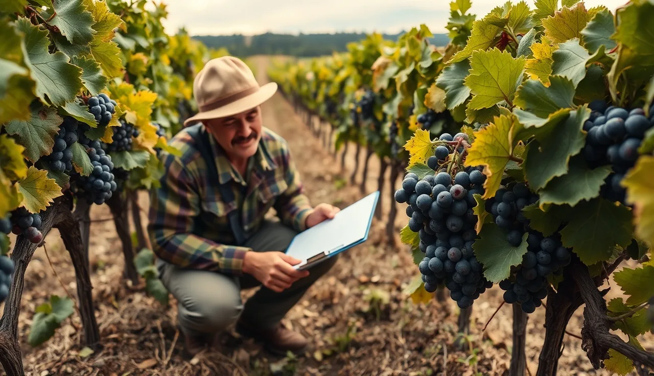 Vineyard worker assessing hail-damaged grape clusters between vine rows after storm