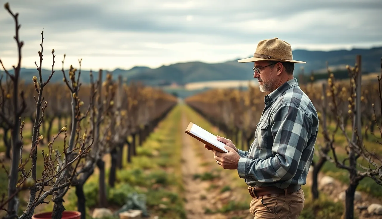 Vineyard scout examining grapevine shoot tips at sunrise while recording monitoring data