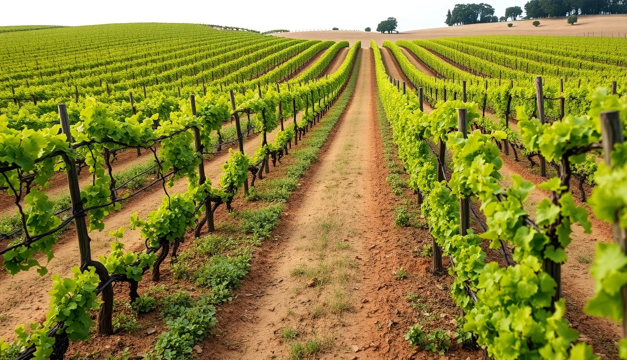 Green cover crop growing between dormant grapevine rows in a sloped vineyard