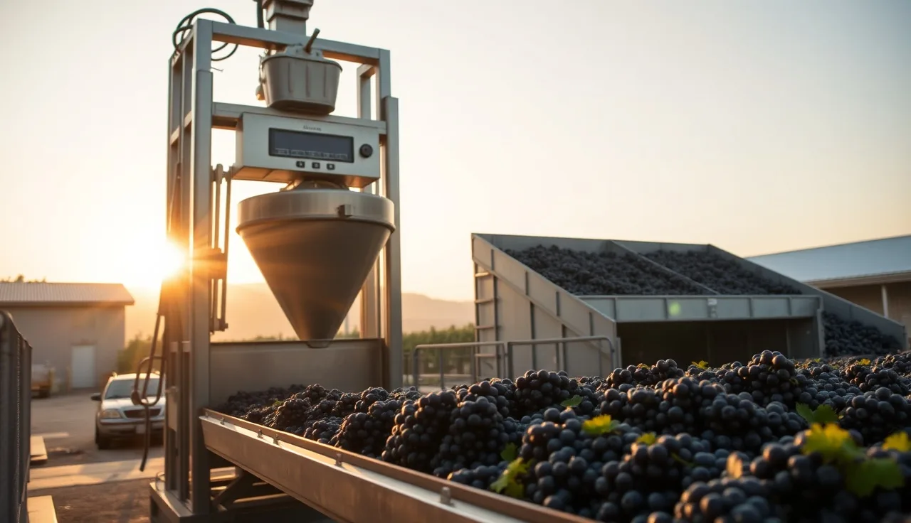 Winery receiving dock at dawn with gondola of red wine grapes on weigh scale