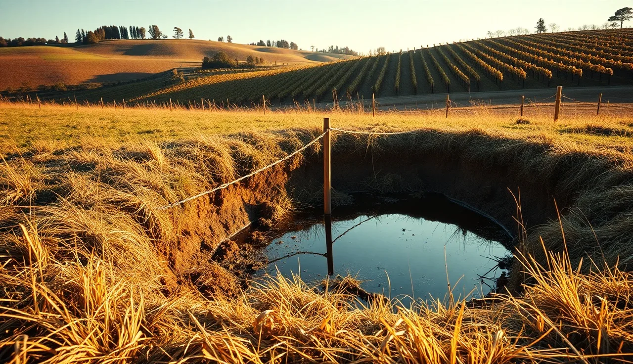 Vineyard sediment basin with measuring staff gauge during an inspection visit