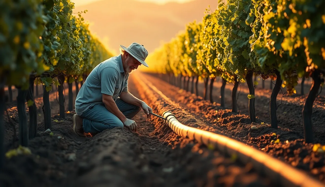 Vineyard worker collecting a soil core sample between grapevine rows at dawn