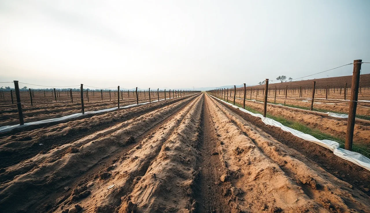 Bare vineyard rows with fumigation tarp edges visible during soil preparation for replanting