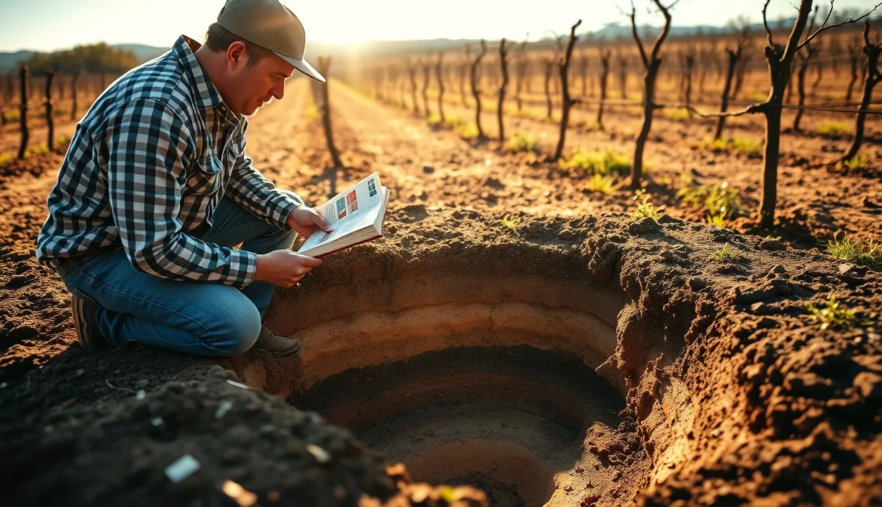 Vineyard manager reading Munsell soil color chart at an open soil profile pit