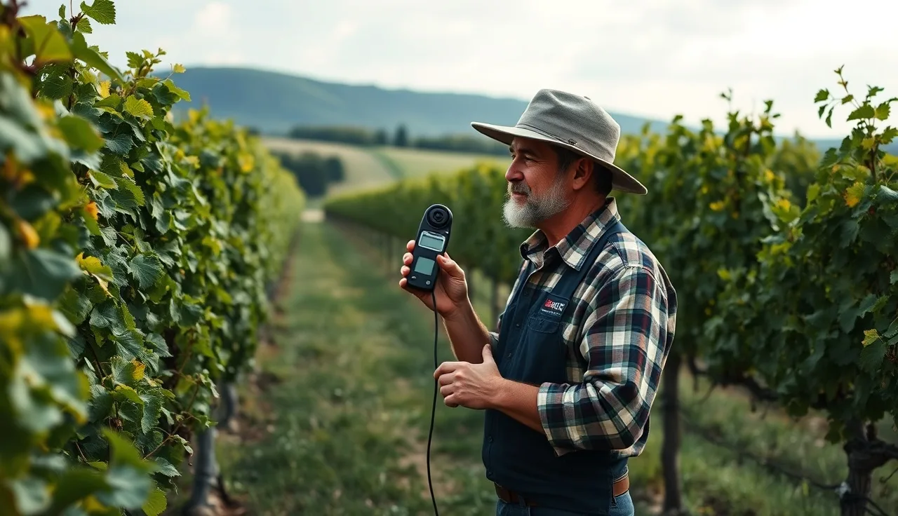Vineyard worker measuring wind speed before a planned spray application on an overcast morning