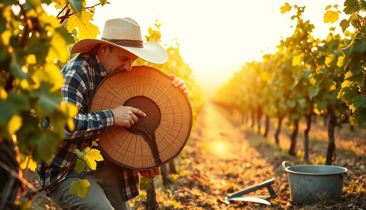 Vineyard worker cutting into Esca-infected grapevine cordon in morning light