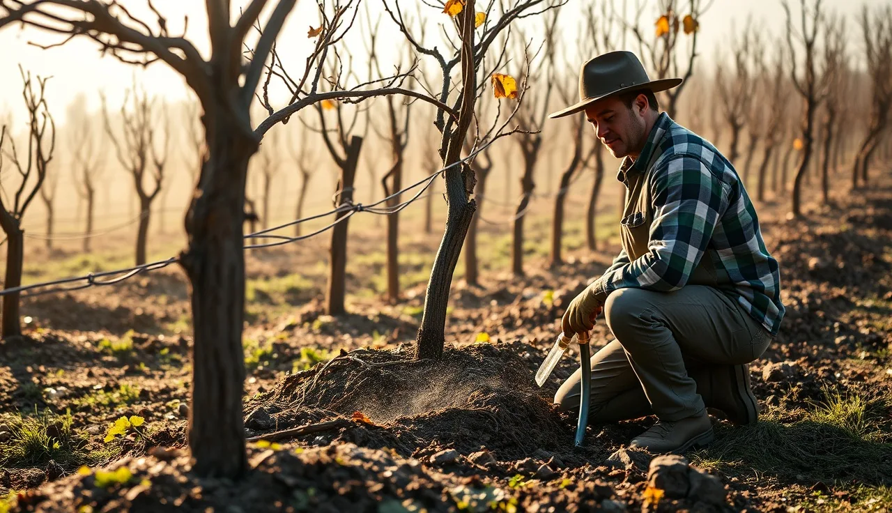 Vineyard worker applying soil drench insecticide at the base of a dormant grapevine