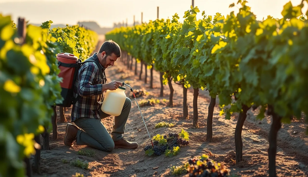 Vineyard worker applying a soil drench to grapevine base at sunrise