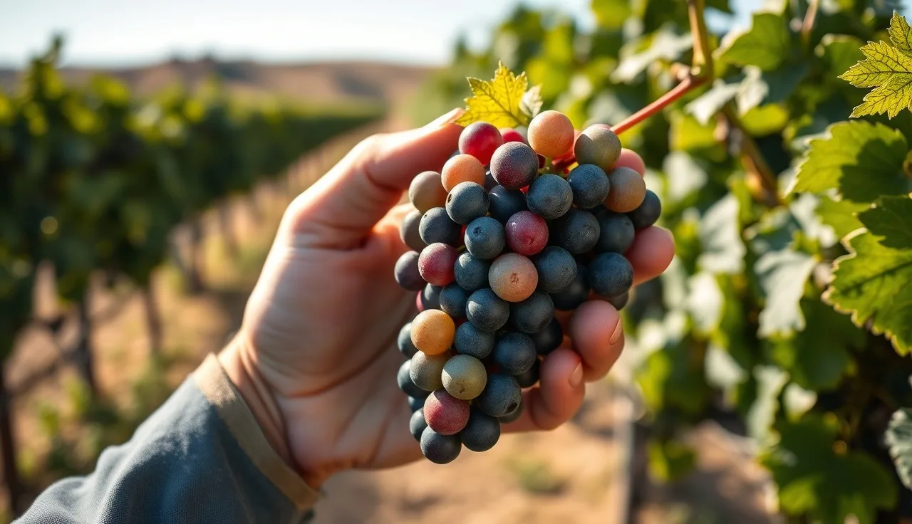 Hand holding a mixed green and red grape cluster during veraison assessment in vineyard