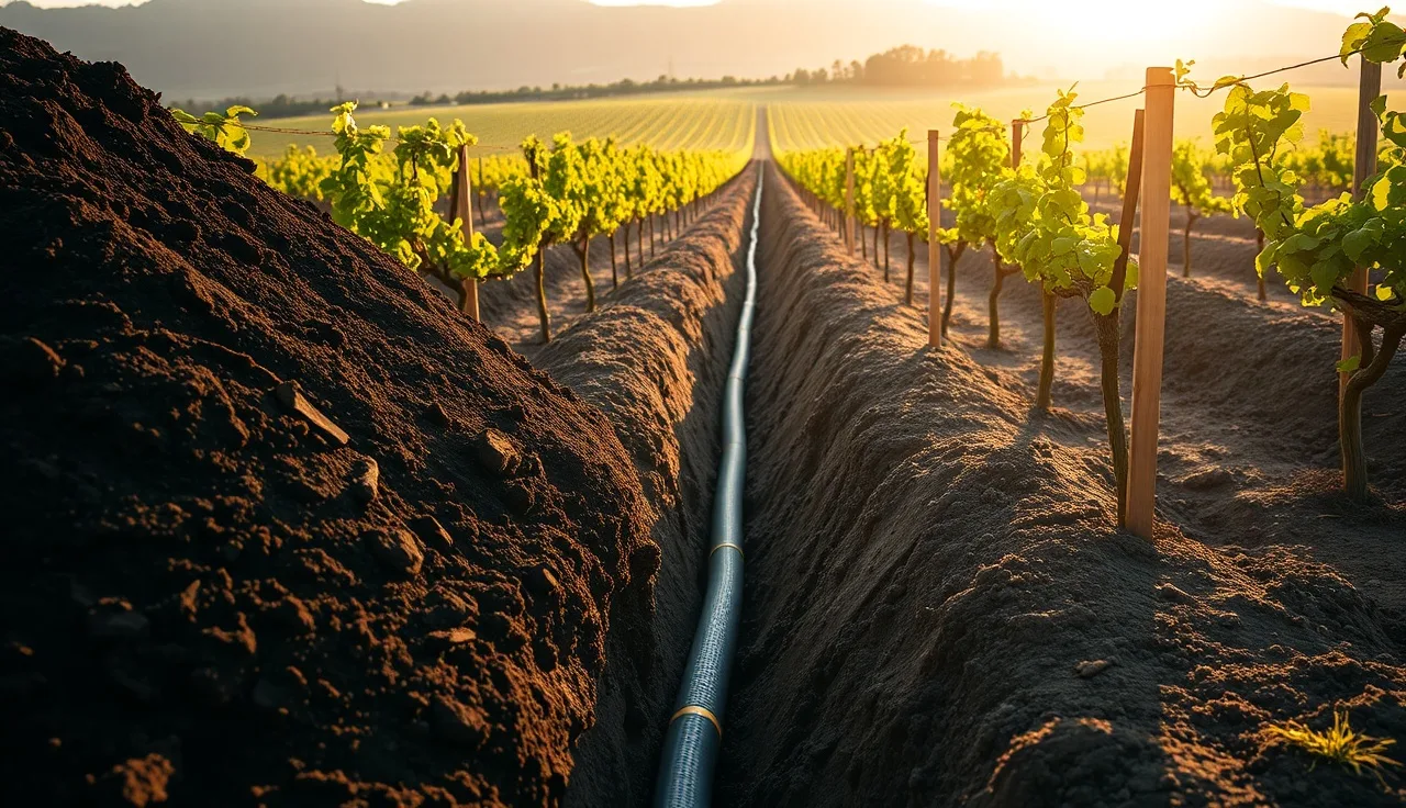 Freshly dug drainage trench running between vineyard rows at dawn