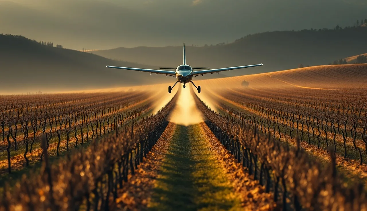 Agricultural aircraft spraying low over grapevine rows at dawn in a vineyard