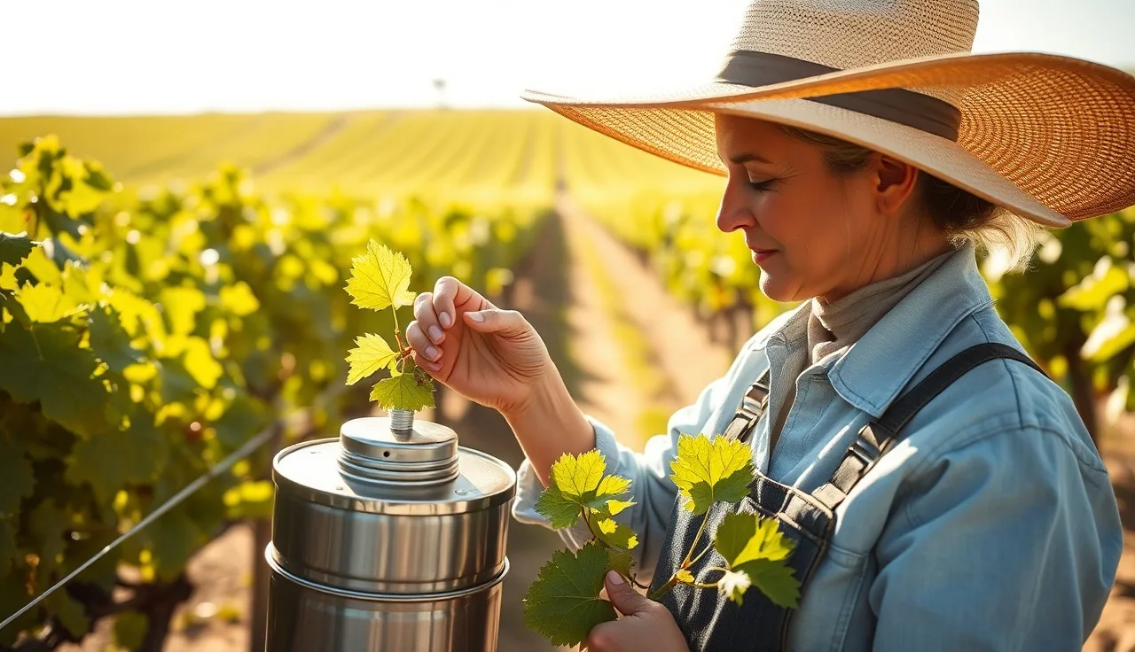 Vineyard worker measuring midday leaf water potential with a pressure chamber between vine rows