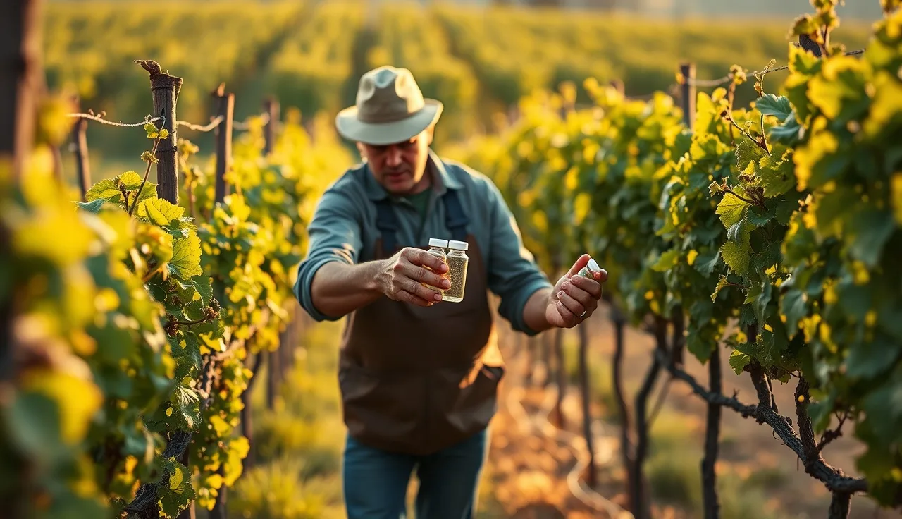 Vineyard worker releasing beneficial insects along grape vine rows at dawn