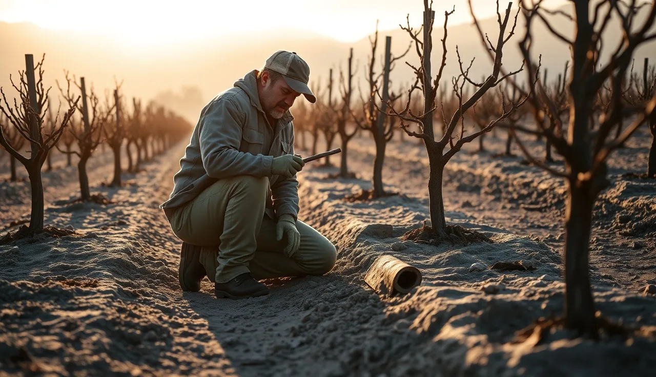 Vineyard worker examining dormant canes in a winter vineyard at dawn