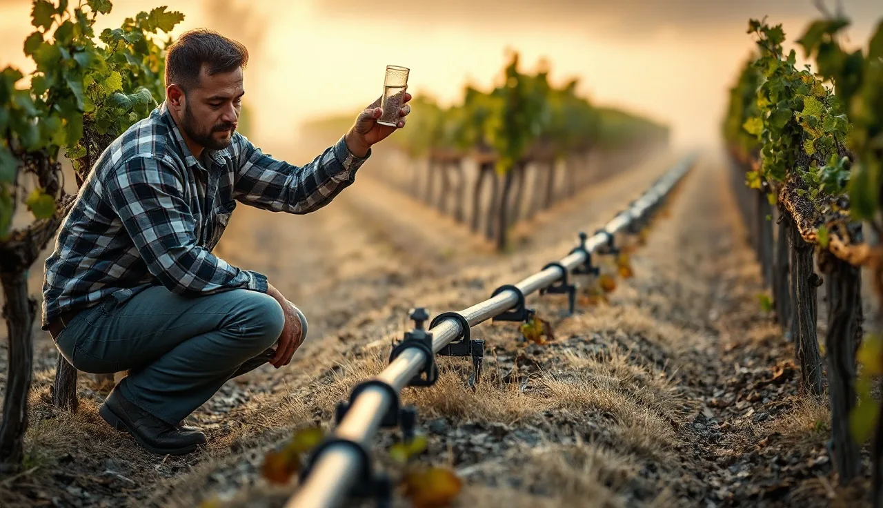 Vineyard worker testing irrigation water near drip mainline at dawn among grapevines