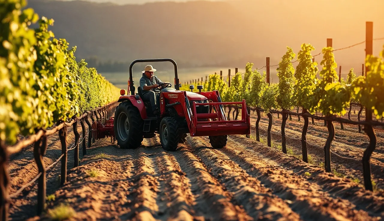 Tractor with cultivation attachment moving through vine rows, fresh turned soil visible