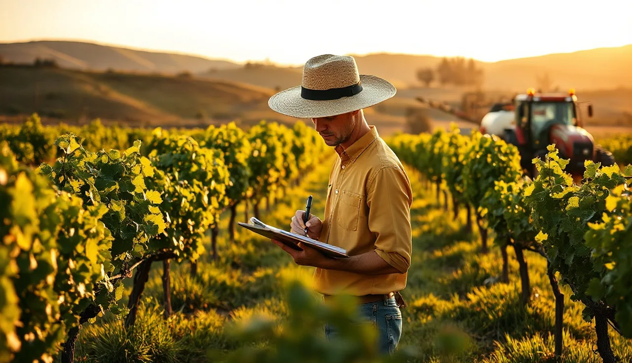 Vineyard worker recording spray application data on a clipboard between vine rows