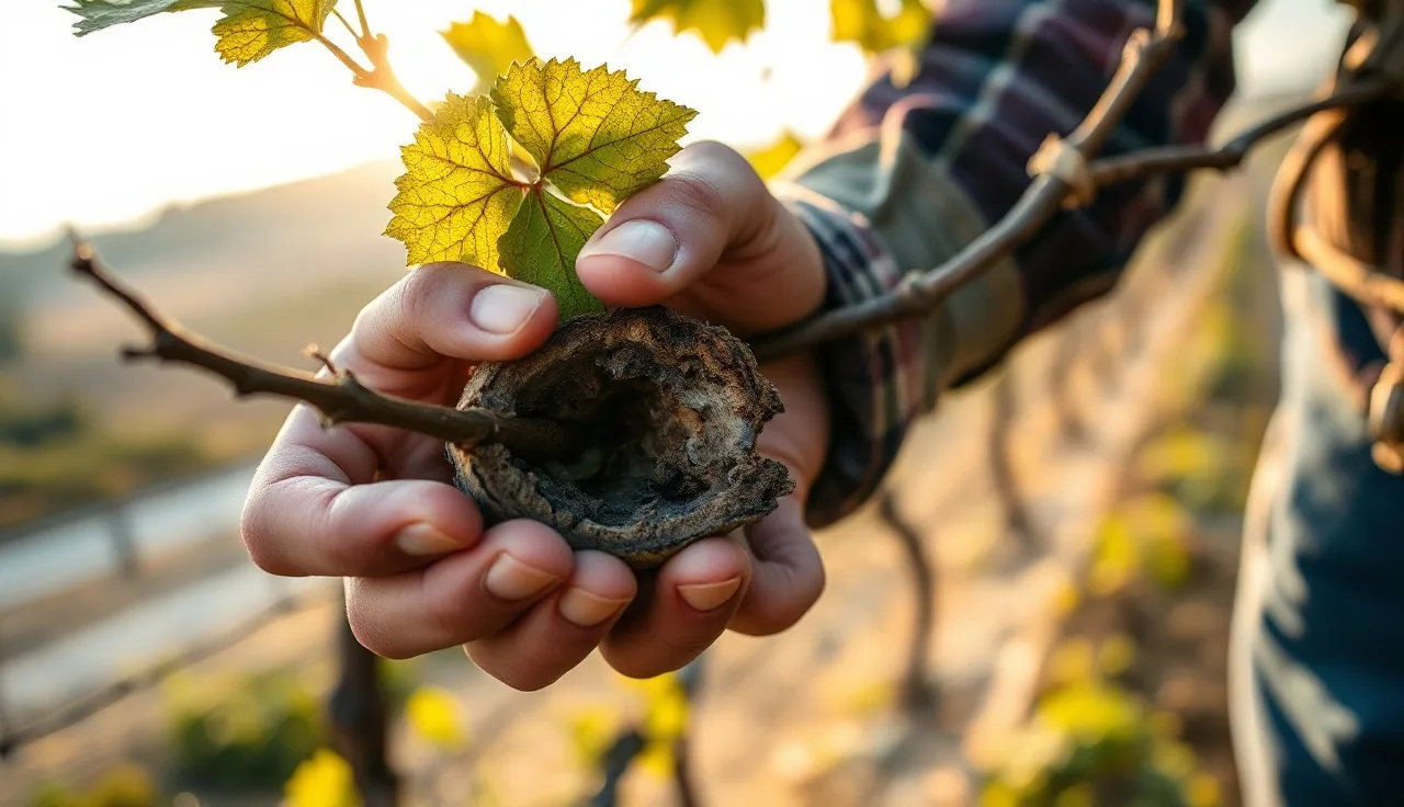Grapevine cross-section showing Esca wood discoloration held by vineyard worker at pruning