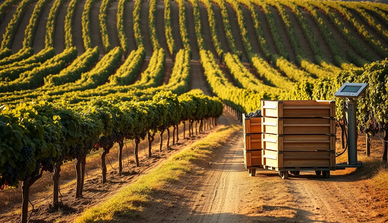 Harvest bins beside a portable scale in a vineyard block at dawn