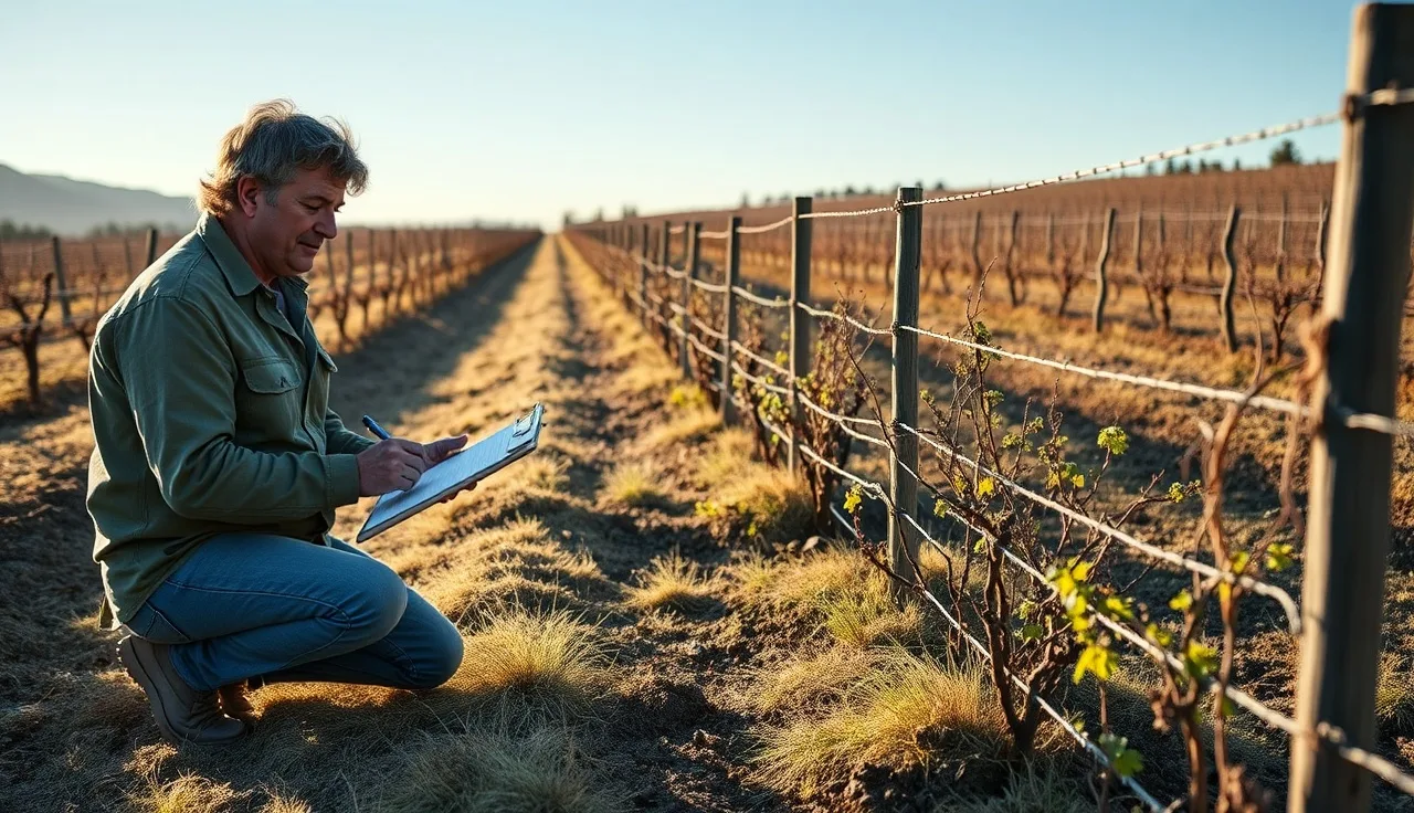 Vineyard manager documenting a newly planted native hedgerow beside grapevine rows
