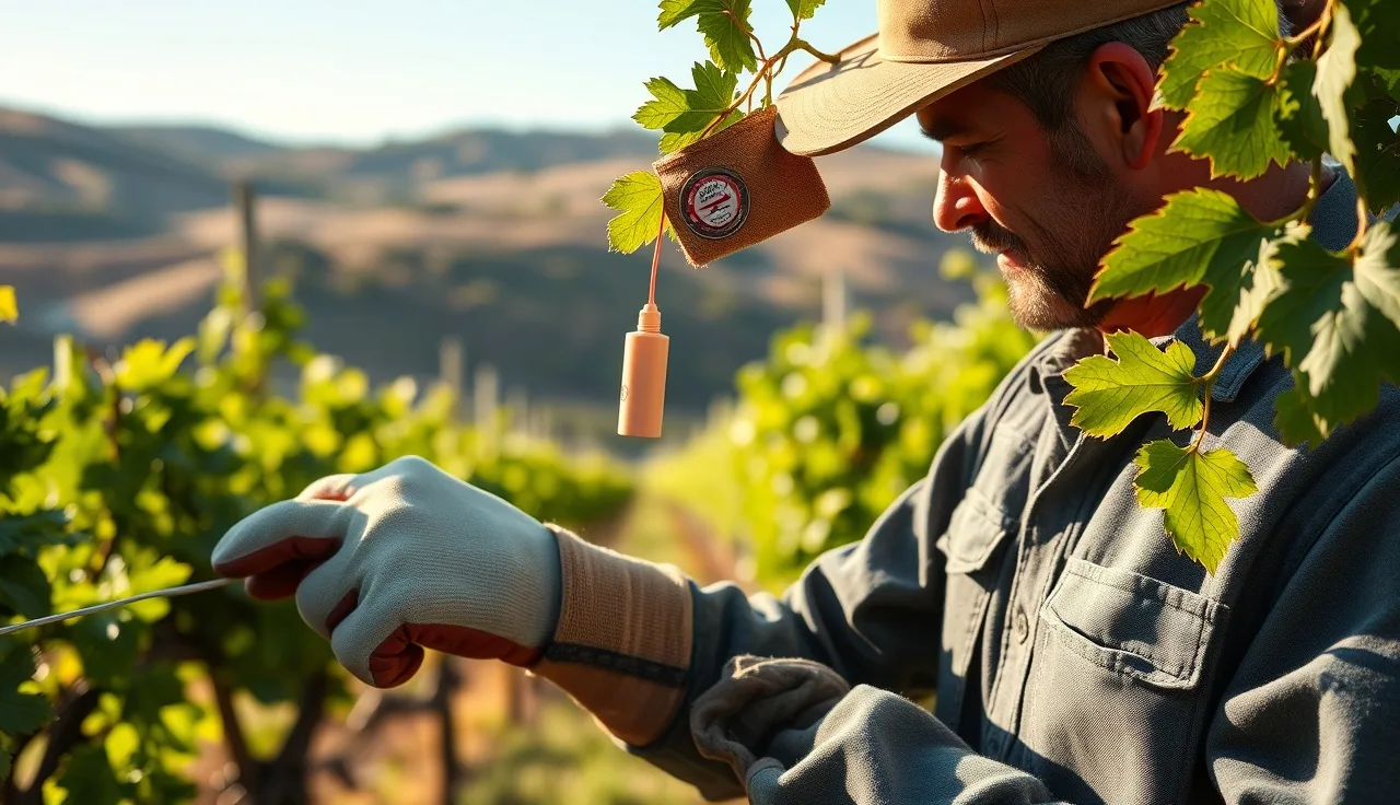 Vineyard worker attaching a mating disruption dispenser to a grapevine cordon wire