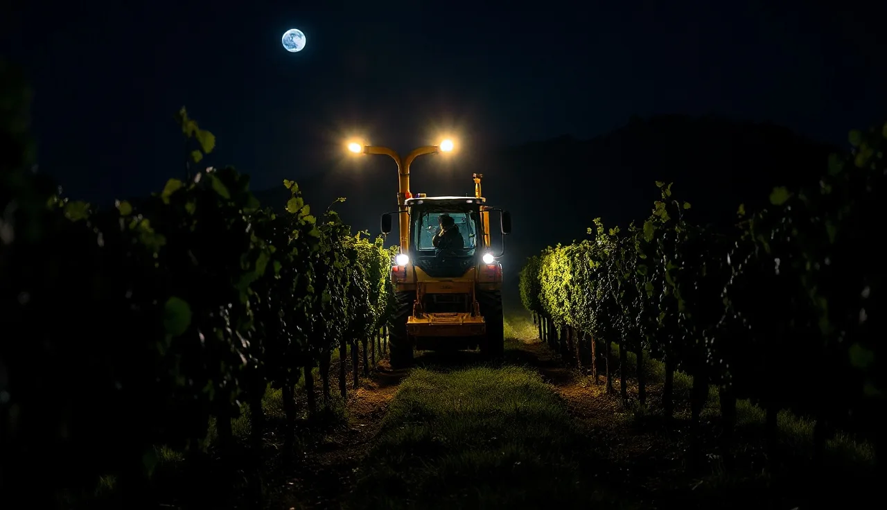 Mechanical grape harvester operating through vineyard rows at night during harvest