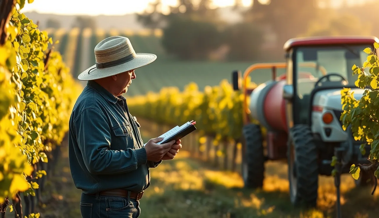 Vineyard worker reviewing spray log clipboard near tractor in early morning light