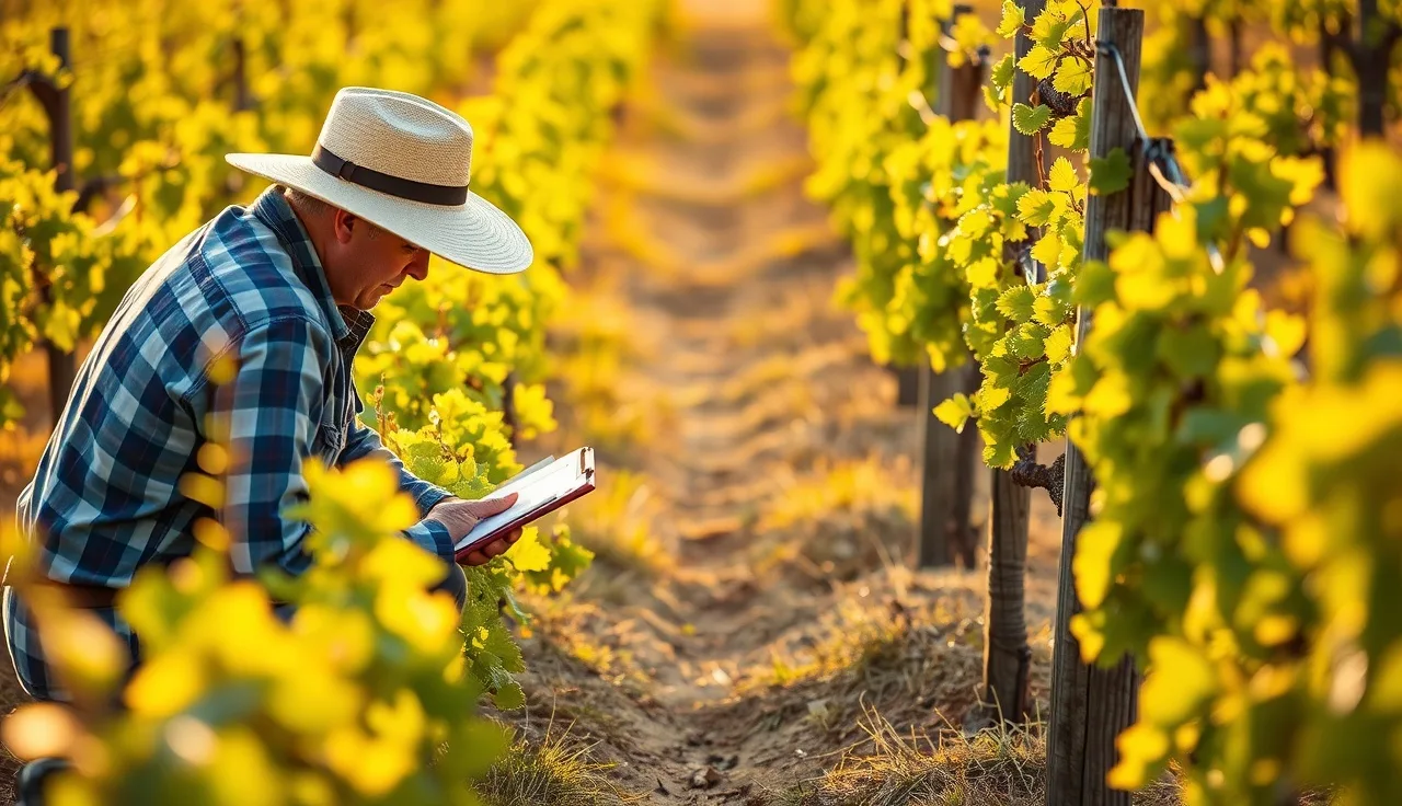 Vineyard worker assessing grapevine growth stage at spray time in morning light