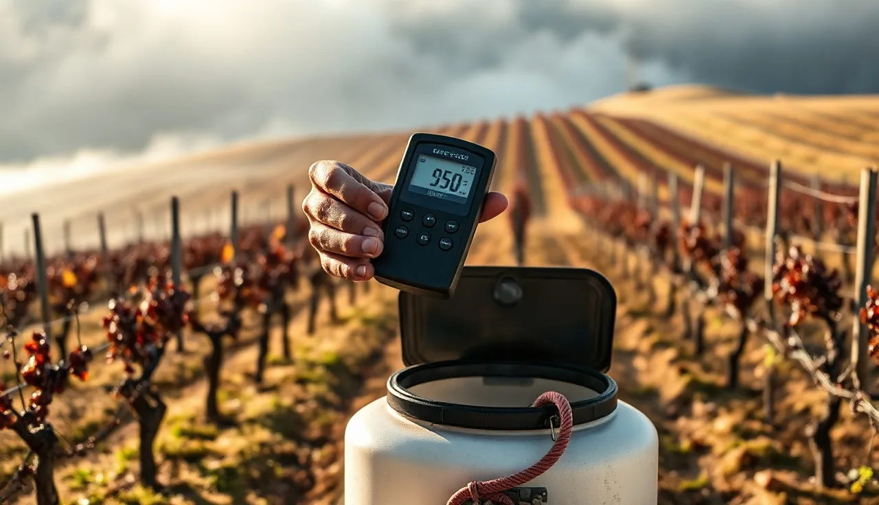 Vineyard worker testing spray tank water pH with a handheld meter at dawn
